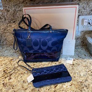 Coach Signature Dark Blue Sateen Sequin Tote W/NWT Matching Wristlet F17574